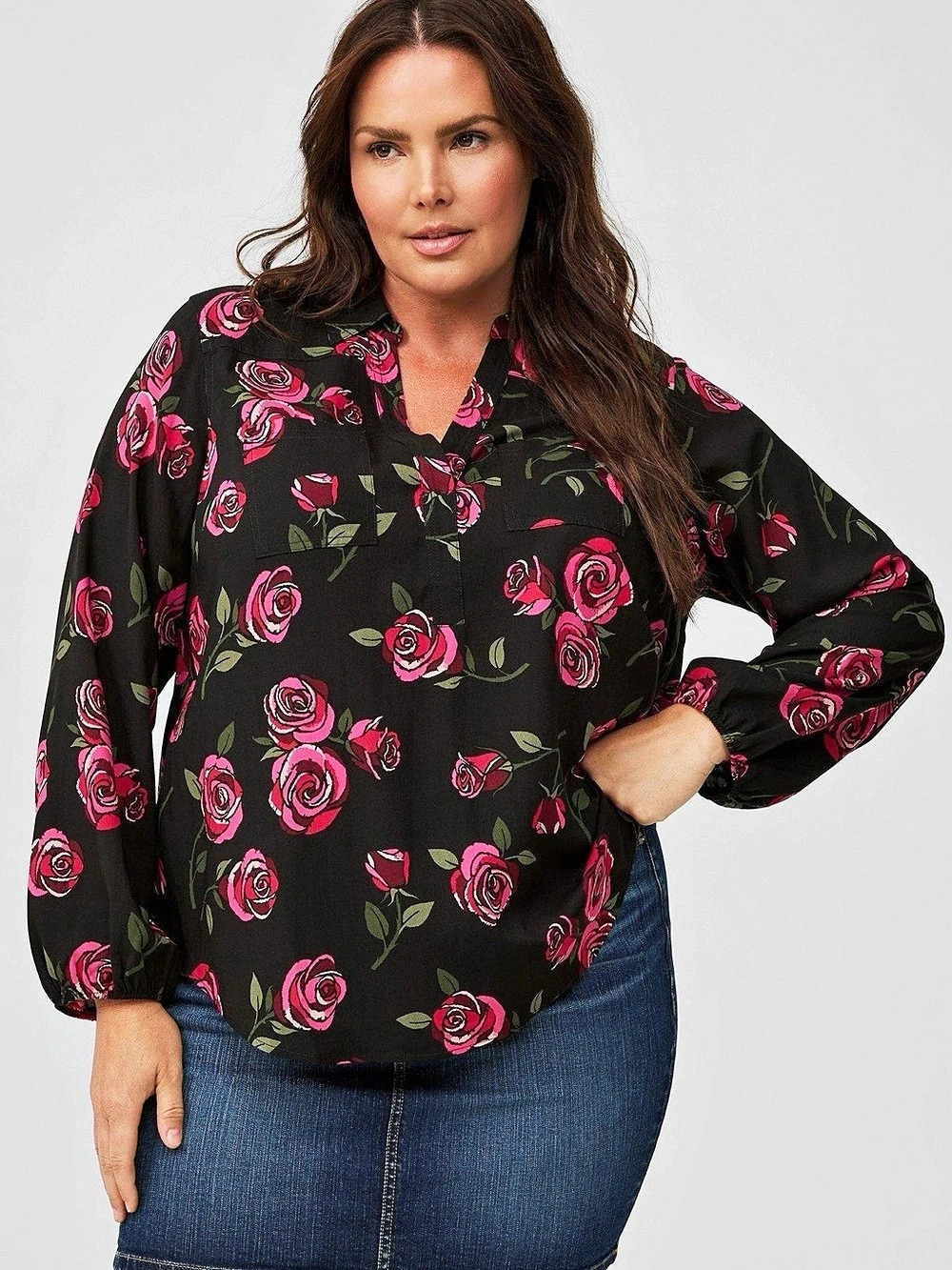Torrid Harper Black Pink Rose Print Blouse Size 4